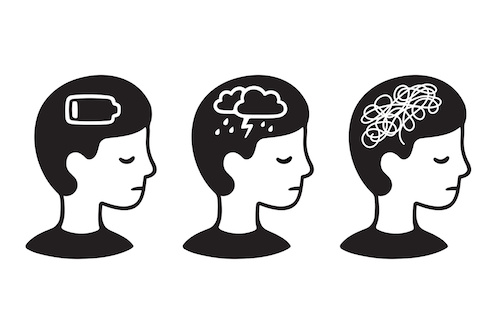 image showing a visual representation of mental illnesses. There are three heads shown, with icons on the side of the head. The first has a nearly-empty battery, the second has a storm cloud, and the third has chaotic scribbles.